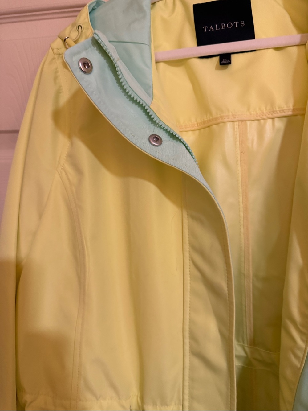 Talbots Light Yellow Hooded Trench Coat/Rain Jacket with Mint Trim - Picture 3 of 6